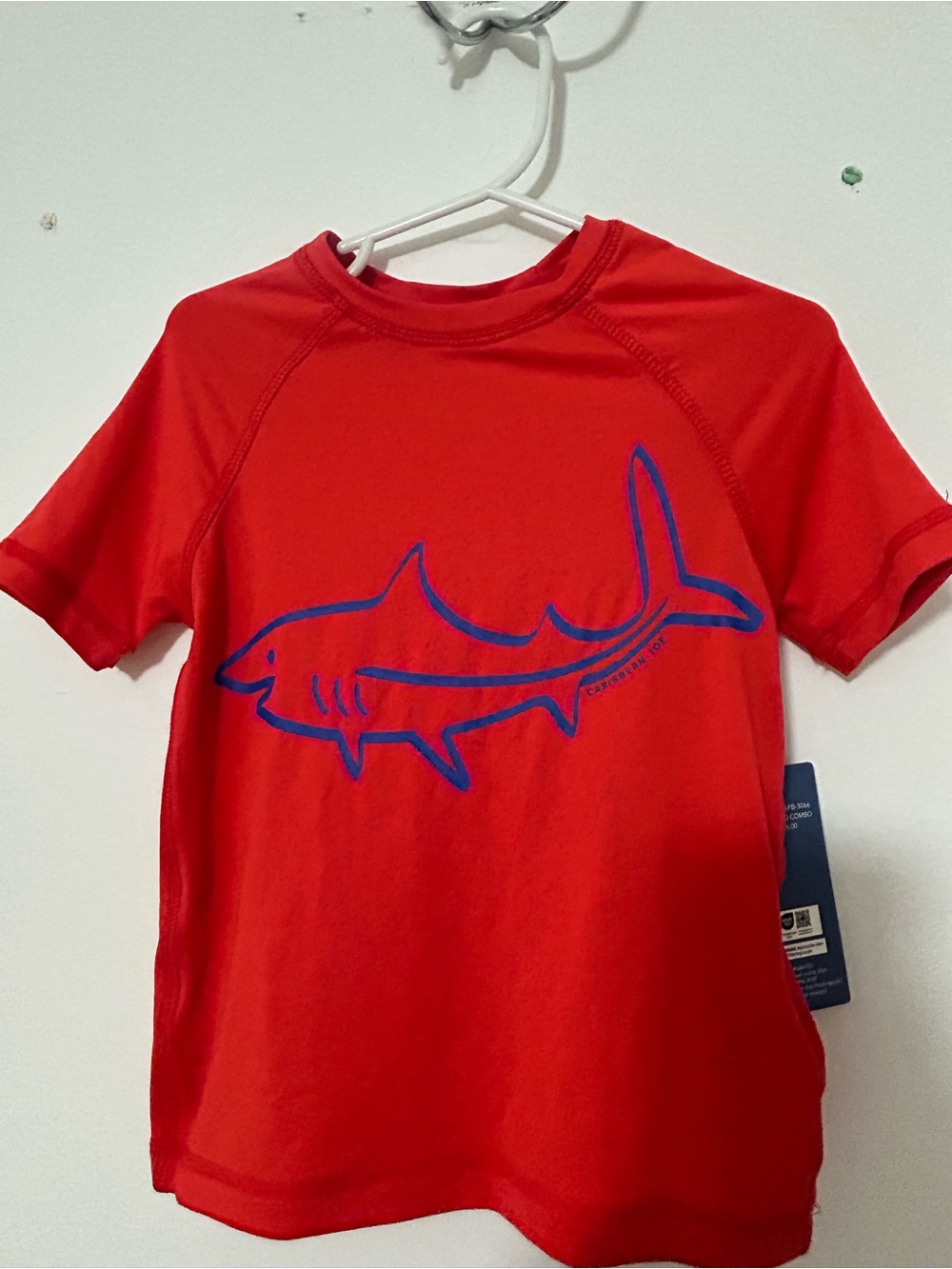 Caribbean Joe Red Rashguard with Blue Shark Graphic